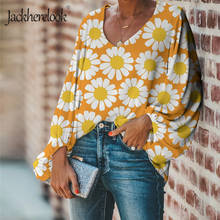 Jackherelook-Blusa informal con estampado de margaritas para Mujer, blusa de gasa con cuello en V, Tops holgados de manga larga con estampado de girasoles amarillos 2024 - compra barato