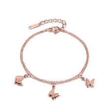 Joyería de moda JeeMango oro rosa 2 capas pulsera de acero inoxidable 3 dijes de mariposa pulseras de cadena de eslabones para mujer B18181 2024 - compra barato