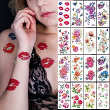 Tatuaje de flores falsas para mujer, tatuaje temporal de transferencia de agua con Flash, labios rosas rojas, arte corporal, impermeable 2024 - compra barato