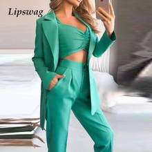 Elegant Office Lady Suits 2021 Spring Summer Women 3 Piece Set Solid Long Sleeve Blazer + Bra +Pocket Long Pants Casual Outfits 2024 - buy cheap