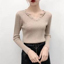 Women's slim knit sweater all-match pullover sweater long sleeve bottoming shirt spring and autumn women's tight V-neck sweater 2024 - buy cheap