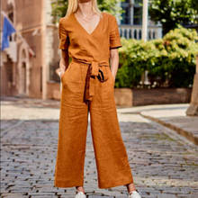 Fashion Autumn Casual Short Sleeve Womens Jumpsuit Loose Wide Leg Playsuit Women V Neck Jumpsuits Rompers With Belt Long Pants 2024 - buy cheap