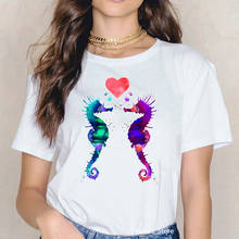 Camiseta con estampado de animal de amor de caballitos de mar de acuarela para mujer, camisetas harajuku kawaii, camiseta de verano, camisetas para mujer 2024 - compra barato