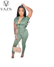 VAZN 2021 Top Quality Army Green Overalls Sweet Daily Young Hooded Short Sleeve High Waist Skinny Women's Pencil Jumpsuits 2024 - buy cheap