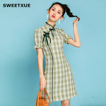 SWEETXUE Cheongsam Girl Kawaii Bubble Sleeve Plaid Dress 2020 Women's New Bow Temperament Cute Fashion Dresses vestidos 2024 - buy cheap