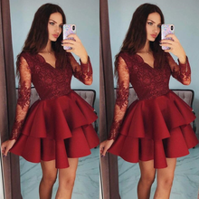 Burgundy Long Sleeve V-Neck Homecoming Dresses 2021 A-Line Lace Appliques Tiered Ruffles Above Knee Mini Party Prom Gown 2024 - buy cheap