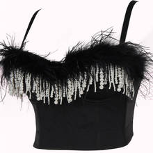 Top corto cruzado de plumas negras con tirantes para mujer, chaleco sin mangas, corsé de noche, corpiño de fiesta, Tops sexys 2021 2024 - compra barato