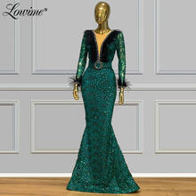 Vestido de noite verde vintage, elegante, sereia, vestido de festa com penas pretas, mangas longas, cristais arábicos, vestidos de baile, 2020 2024 - compre barato