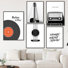 Pintura en lienzo de guitarra para decoración de sala de estar, carteles nórdicos e impresiones, cuerda de grabación en blanco y negro, arte de pared de Radio 2024 - compra barato