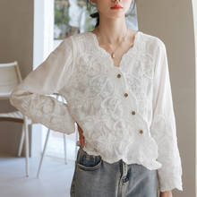 Blusa floral bordada feminina, camisa casual da moda com gola v e botões, manga longa, 2021, primavera, 13332 2024 - compre barato