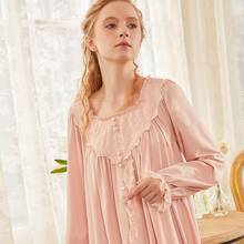 Autumn Spring Elegant Women 's Long Nightgowns Cotton Long Sleeve Vintage Royal Loose Nightwear Sweet Comfortable Sleepwear 2024 - buy cheap