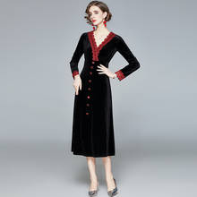 ZUOMAN-vestido elegante de terciopelo para mujer, prenda larga Vintage de alta calidad con cuello en V para fiesta, de diseñador de encaje, de invierno 2024 - compra barato