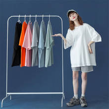 Футболка женская хлопковая оверсайз, базовая модная Однотонная рубашка с круглым вырезом, повседневный Свободный Топ в Корейском стиле, 7 цветов, 3XL, на лето 2024 - купить недорого