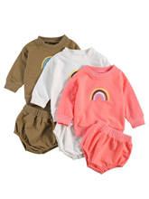 Novo conjunto de 2 peças roupa infantil arco-íris estampado manga comprida pulôver + shorts de cor sólida cáqui/branco/rosa 2024 - compre barato