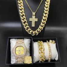 Luxury Men Gold Color Watch Hip Hop Men Necklace & Watch & Braclete &Ring&Earrings Combo Set Ice Out Cuban Chain Hip Hop For Men 2024 - buy cheap