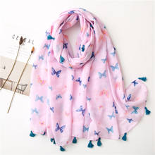 Adorável animal rosa borboleta padrão viscose xale cachecol nova espanha luxo estilo envoltório pashminas roubou muçulmano hijab sjaal 180*90cm 2024 - compre barato