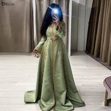 Moroccan Caftan Dubai A-Line Luxury Evening Dress Muslim 2021 Vintage Long Sleeves Sparkle Crystal Satin Green Prom Party Gowns 2024 - buy cheap