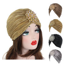 Turbante de joyas de diamantes para mujer, sombrero indio plisado, Bandana de quimio, Hijab, dorado y plateado, novedad de 2020 2024 - compra barato