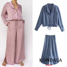 KONDALA Women 2021 New Loose Suits Za Long Sleeve V-Neck Blouse Casual Pants Women Fashion Home Sets Solid 2 Pieces Set 2024 - buy cheap