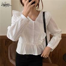 Korean Style Women Ruffle Stitching Long Sleeve Blouse Sweet and Cute V-neck Solid Button Shirt Blusas Mujer De Moda 2021 11666 2024 - buy cheap