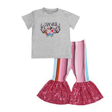 Conjunto de roupas casuais de meninas 1-6 anos, camiseta com estampa de flor, manga curta + calça larga de lantejoulas e lantejoulas, roupas de verão, 2021 2024 - compre barato