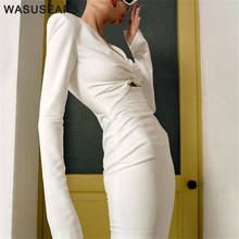 Vestido sexy branco feminino, longo, decote em v, manga longa, cor sólida, moda urbana, elegante 2024 - compre barato