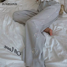 JuneLove Love Heart Beads Casual Women Elastic Pants Korean Stretch High Waist Long Trousers Vintage Spring New Wide Leg Pants 2024 - buy cheap