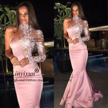 Special Design Pink Appliques Mermaid Prom Dress Sexy One Shoulder Long Sleeve See through Sheath Unique Maxi Evening Gowns 2024 - buy cheap