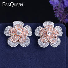 BeaQueen Elegant 2 Tones Rose Gold Color Micro Paved Cubic Zirconia Big 3D Geometric Flower Stud Earrings Women  Jewelry E213 2024 - buy cheap