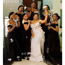 Longo vestidos de dama de honra por atacado 2019 preto sereia africano vestidos de festa de casamento feminino com apliques brancos vestido madrinha 2024 - compre barato