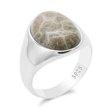 Anel masculino de prata esterlina 925 com pedra coral natural oval, anéis simples vintage de prata tailandesa artesanal para homens, presente de joia 2024 - compre barato