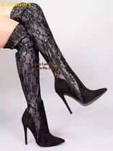 Choudory Black Lace Flowers Over The Knee Boots Pointed Toe Suede Patchwork Thigh High Boots Floral Zipper Dress Shoes Tall Boot 2024 - buy cheap
