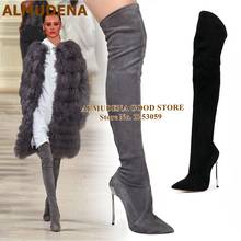 ALMUDENA Luxurious Metal Thin High Heels Thigh High Boots Pointed Toe Metal Decoration Skinny Dress Boots Over-the-knee Boots 2024 - buy cheap