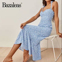 Bazaleas Vintage Tube Top Midi Dress Chic Blue Floral Print Adjust Spaghetti Strap Dresses Retro Sexy Ruffles Vestidos 2024 - buy cheap