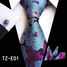 New Fashion Floral Tie Men's 8cm Silk Necktie Handkerchief Cufflinks Set Blue Green Wedding Solid Tie Pocket Square Set Gifts 2024 - buy cheap