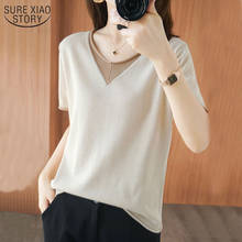 Женская хлопковая рубашка с V-образным вырезом, тонкая трикотажная Свободная блузка с коротким рукавом, повседневный пуловер в Корейском стиле, модель 2021 на лето, 13680 2024 - купить недорого