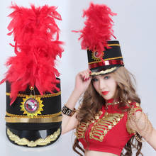 New Honor Guard Jazz Dance Hat Band Cap Drum Costume Black Officer Hat Red Feather Hat 2020 2024 - buy cheap