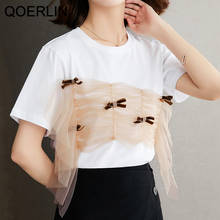 Qoerlin camiseta feminina de malha com laço, nova blusa solta de manga curta, verão, plus size, roupa básica preta, 2021 2024 - compre barato