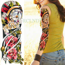 Impermeable etiqueta engomada del tatuaje temporal reloj Rosa Flor de brazo completo tatuaje falso flash tatuaje manga tamaño grande para niñas, mujeres, señoras 2024 - compra barato