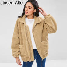 Jinsen Aite Women Faux Fur Teddy Coat Turn-down Collar Zipper Plush Jacket Solid Winter Warm with Pocket Female Overcoat JS844 2024 - buy cheap