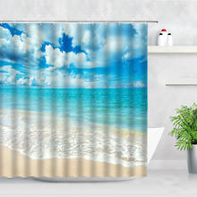 Cortinas de banheiro com decoração de fundo estilo nórdico estilo oceano, tecido pendurado, onda marítima, praia, paisagem natural 2024 - compre barato