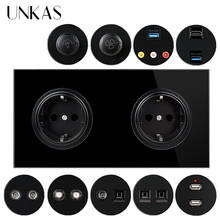 UNKAS Dual EU Black Glass Panel Socket+ Dimmer Fan Regulator Switch HDMI-Compatible USB TV RJ45 Internet RJ11 Telephone Outlet 2024 - buy cheap