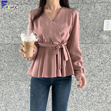 Camisas básicas de manga larga para mujer, blusas ajustadas de cintura A Línea, diseño de vientre, Tops de Peplum rosa, ropa dulce de Corea de Japón 10418 2024 - compra barato