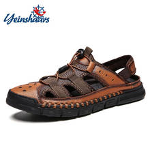 Yeinshaars sandálias masculinas de couro, em couro legítimo, para o verão, sapatos de praia casuais, tamanho grande, 38-46 2024 - compre barato