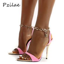 Pzilae-zapatos de tacón alto fino para mujer, sandalias con correa en el tobillo, con cadena de Metal, estilo Retro, Punta abierta, color rosa 2024 - compra barato