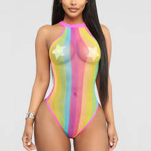 Sexy See Through One Piece Swimsuit Bikini Women Rainbow Color Patchwork Swimwear Beachwear Summer Beach Bathing Suit Monokini 2024 - buy cheap