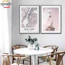 Decoração de casa moderna, mapa da cidade de nova york, pôster rosa de arte, estátua da liberdade, pintura em tela, fotos, decoração da sala de estar 2024 - compre barato