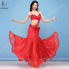 Women Carnaval Oriental Dance Bra Skirt Belt Sleeves 4pcs Set Costume Red Sequins Style Flowers Bellydance Skirts Sexy 2024 - buy cheap