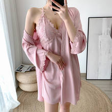 Pink Faux Silk 2PCS Robe Suit Sweet Lace Trim Bathrobe Gown Sexy V-Neck Night Dress Temptation Nightgown 2021 Spring Sleepwear 2024 - buy cheap