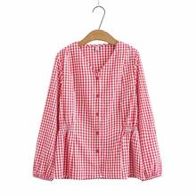 Women Blouses V Neck Spring Shirts Plaid All-match BF Full Sleeve Loose Outwear Harajuku Female Elastic Waist Chic New Plus Size 2024 - buy cheap